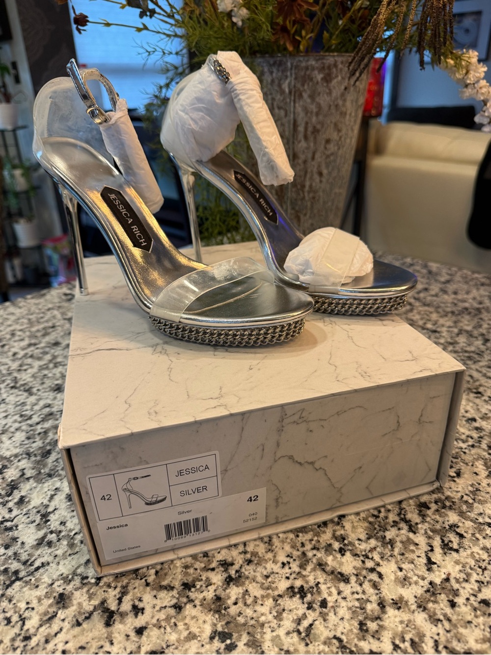 Jessica Rich Metallic Silver 5 inch Stiletto Sandals with Chain-Trim Platform